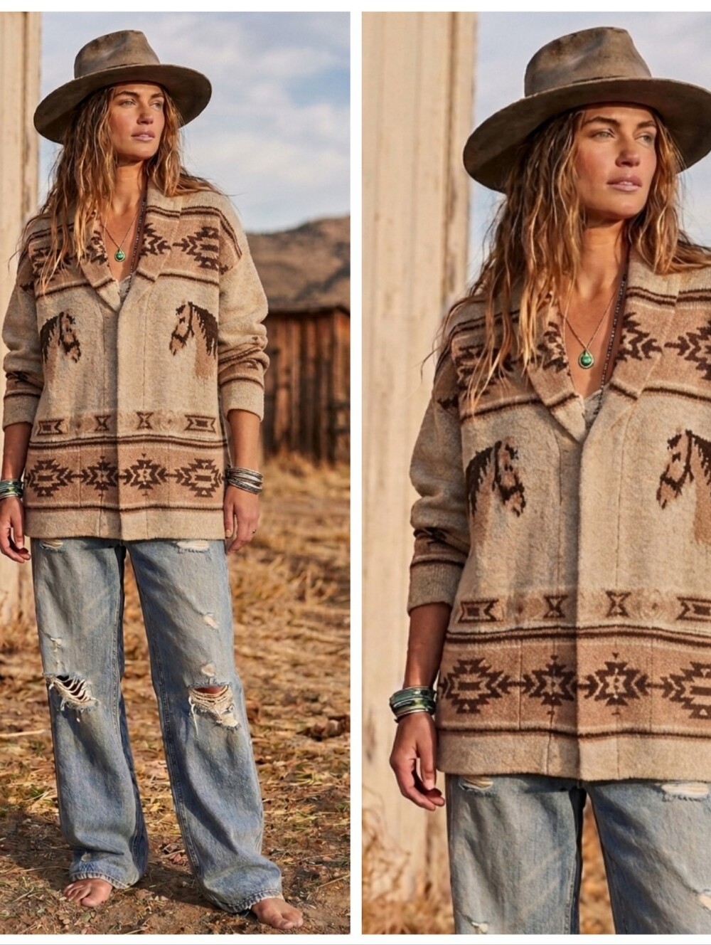 Shawl-Collar Western Motif Cardigan Sweater - Beige/Brown